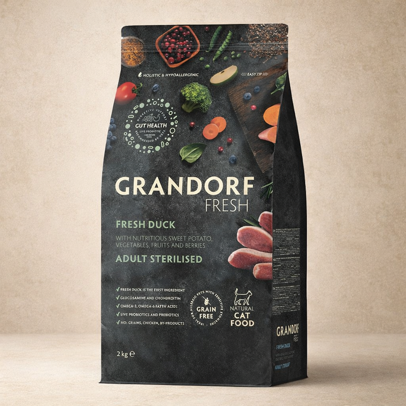 Grandorf – Croquettes hypoallergéniques sans céréales au canard frais et à la dinde pour chat stérilisé