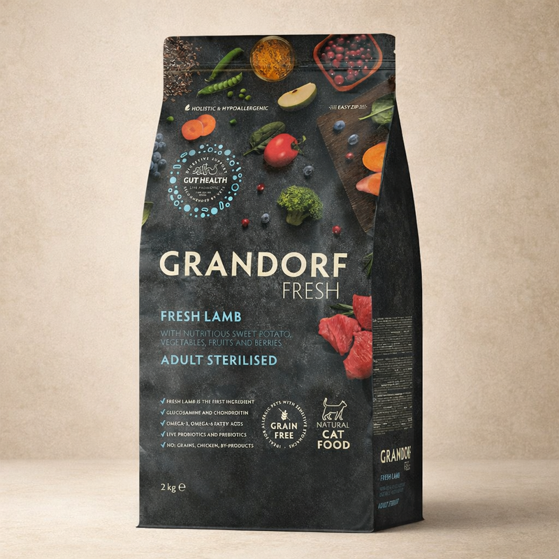 Grandorf – Croquettes hypoallergéniques sans céréales à l’agneau frais et à la dinde pour chat stérilisé