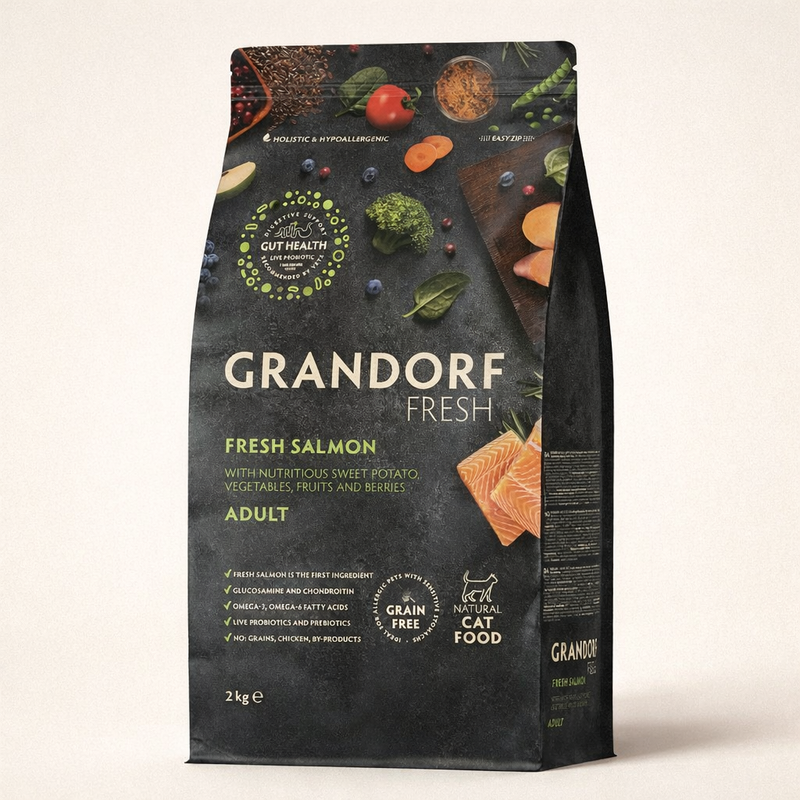 Grandorf – Croquettes hypoallergéniques sans céréales au saumon frais et à la dinde pour chat adulte