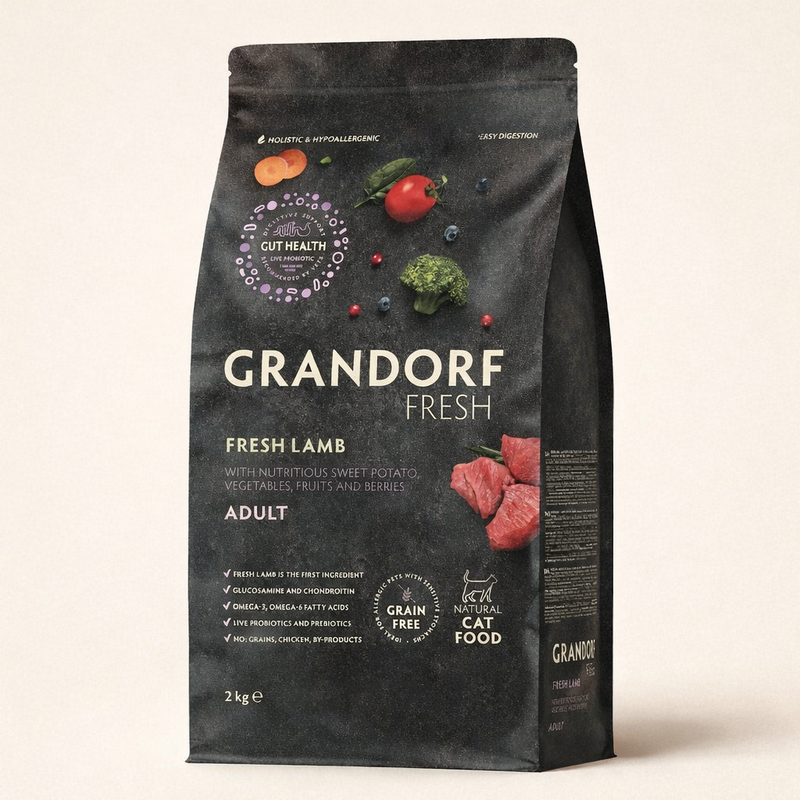 Grandorf – Croquettes hypoallergéniques sans céréales à l’agneau frais et à la dinde pour chat adulte