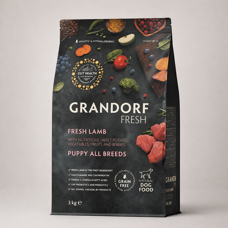 Grandorf – Croquettes hypoallergéniques sans céréales à l’agneau frais et à la dinde pour chiot toutes races