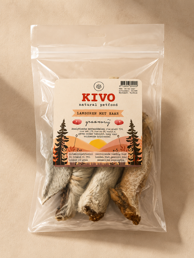 Kivo Oreilles d’Agneau avec Poils 100 g – Friandise Naturelle à Mâcher pour Chien