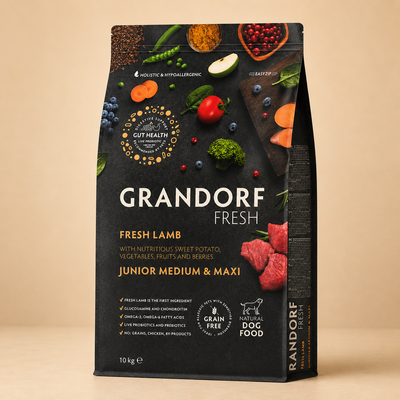 Grandorf – Croquettes hypoallergéniques sans céréales à l’agneau frais et à la dinde pour chien junior moyenne et grande race