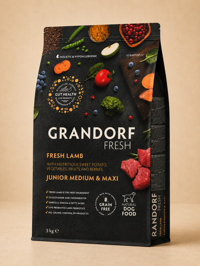 Grandorf – Croquettes hypoallergéniques sans céréales à l’agneau frais et à la dinde pour chien junior moyenne et grande race