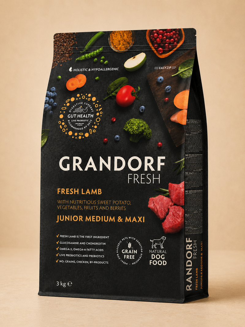 Grandorf – Croquettes hypoallergéniques sans céréales à l’agneau frais et à la dinde pour chien junior moyenne et grande race